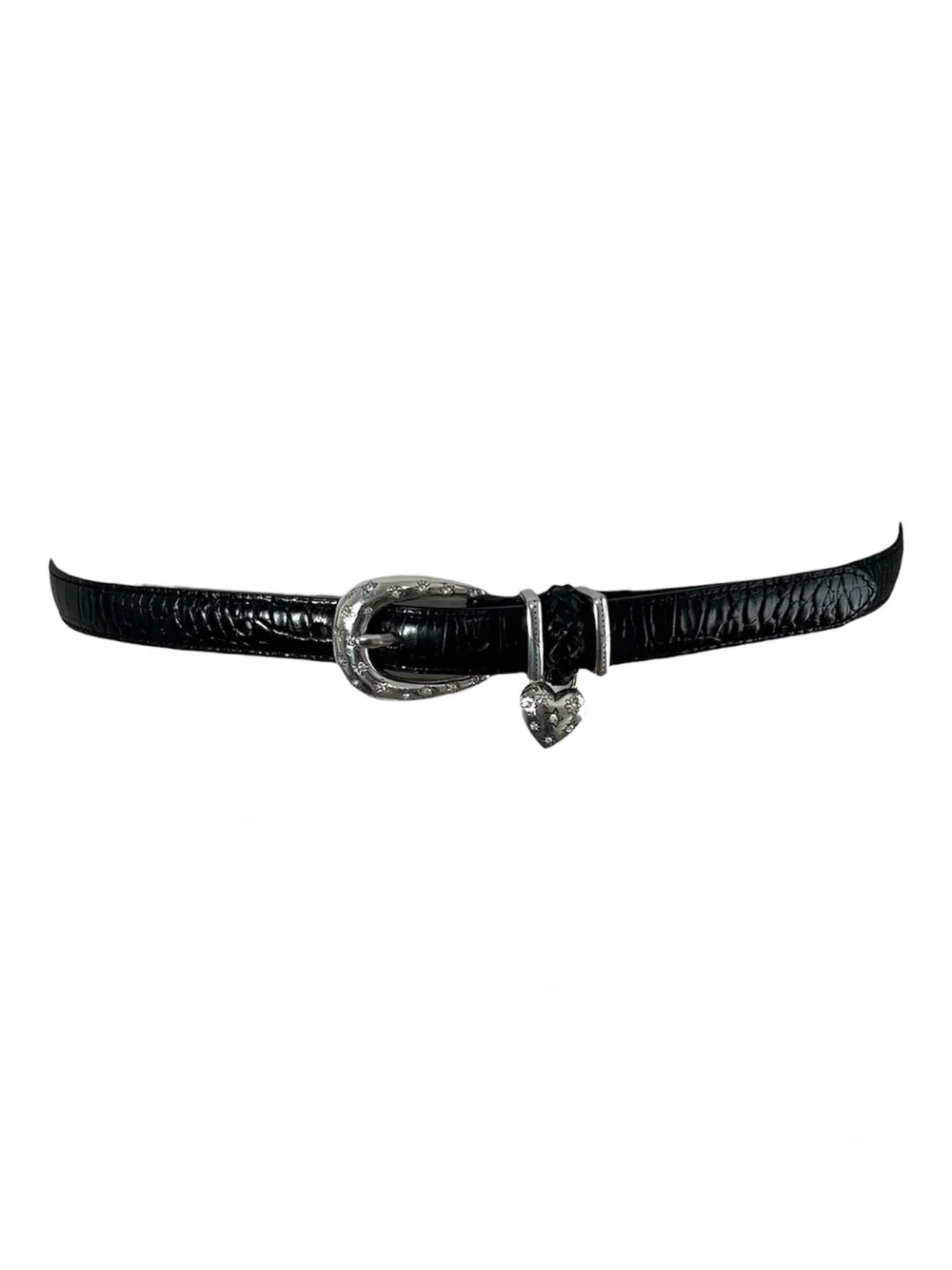 Brighton Black Croc-Embossed Leather Belt with Floral Heart Charm. Size Large 34